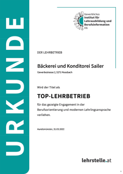 Top-Lehrbetrieb Urkunde von Lehrstelle.at